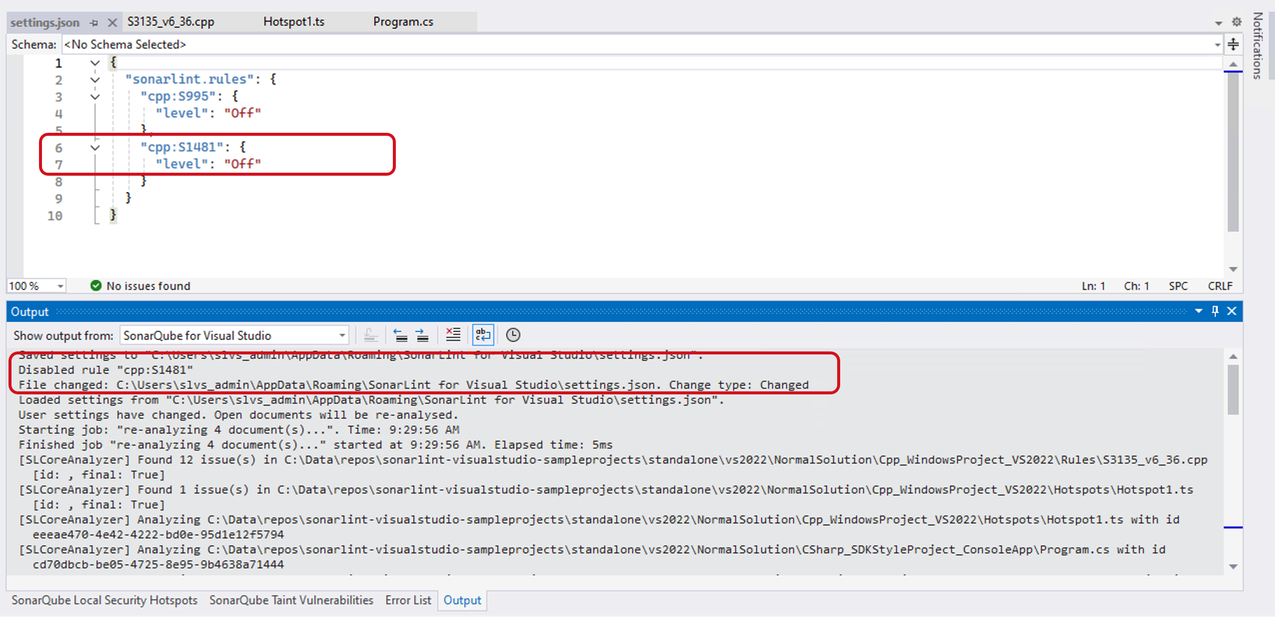 The recently disabled rule will automatically be added to the settings.json file, and the SonarQube for Visual Studio output window will give you the analysis logs in more detail. The recently disabled rule will automatically be added to the settings.json file, and the SonarQube for Visual Studio output window will give you the analysis logs in more detail.